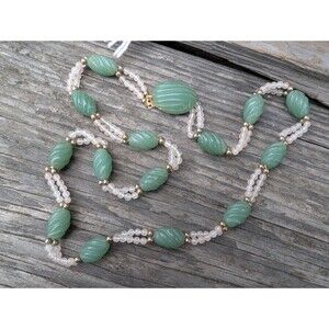 Vintage Carved Jade Green Necklace, Mid Century Stone Beaded Necklace
